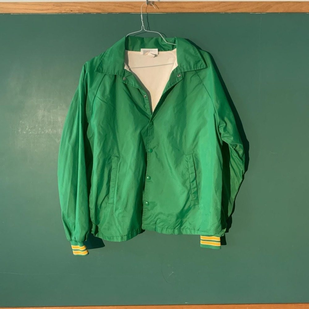 K-Brand Vintage 80s Varsity Jacket Green Yellow Retro Mens Large Made in USA
